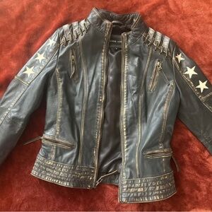 Black Rivet Black Leather Jacket with Star Details